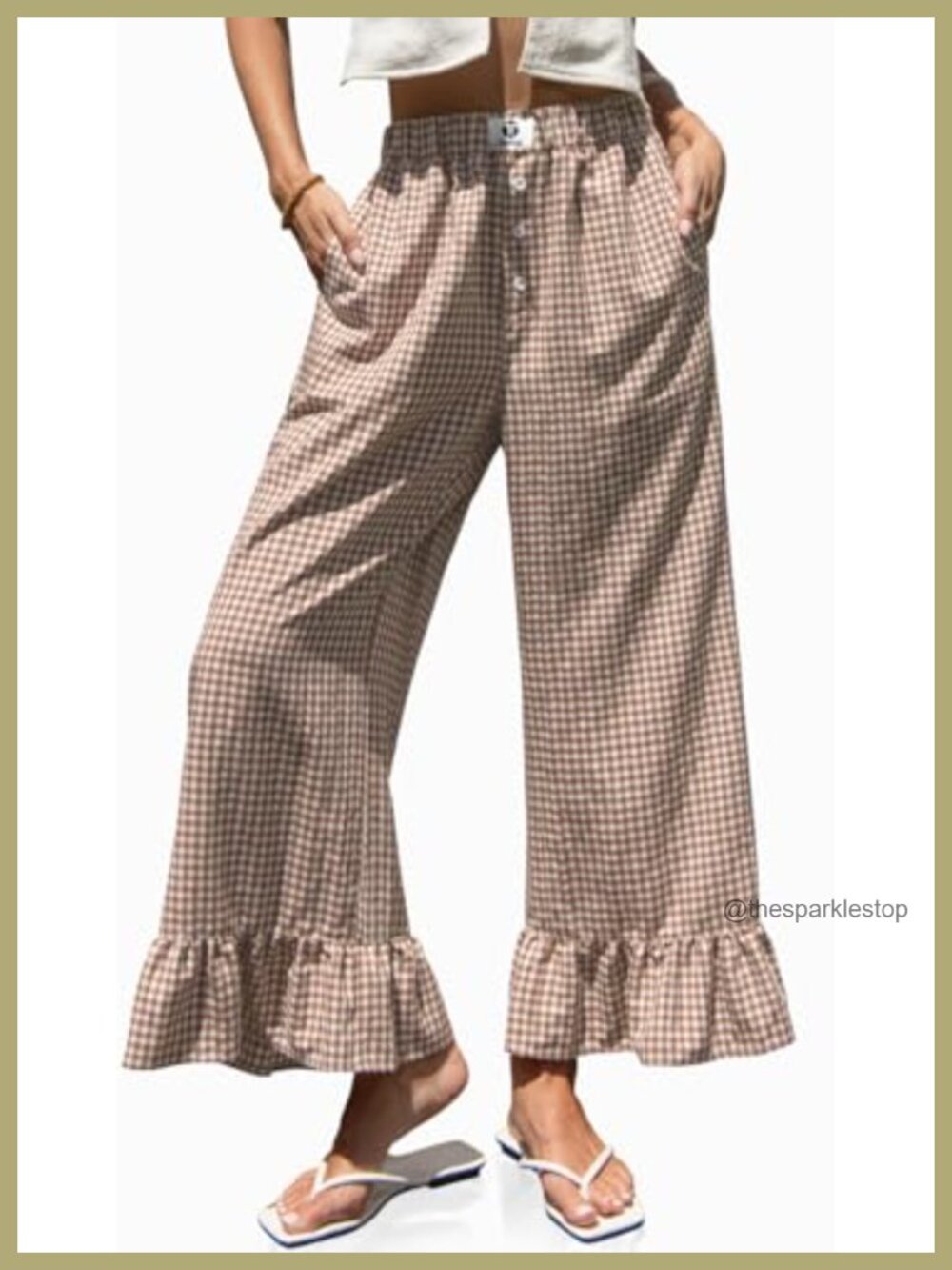 Gingham Wide Leg Pants High Waist Ruffle Hem Trousers Linen Blend